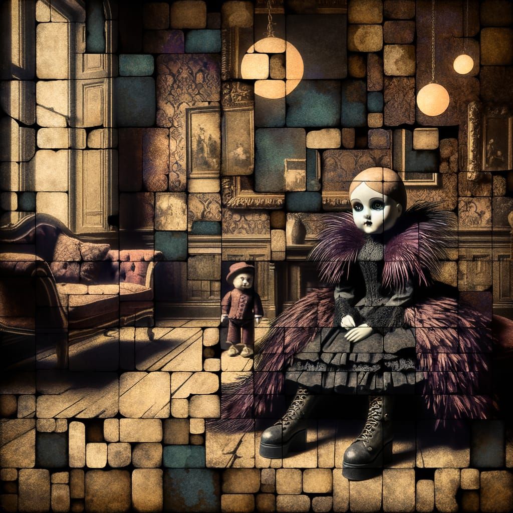 Neo-Cubist Doll in Decaying Victorian Parlor