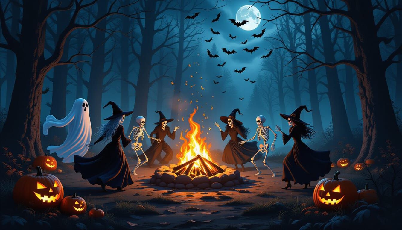 Halloween Forest Party: Skeletons, Ghosts, and Witches Dance