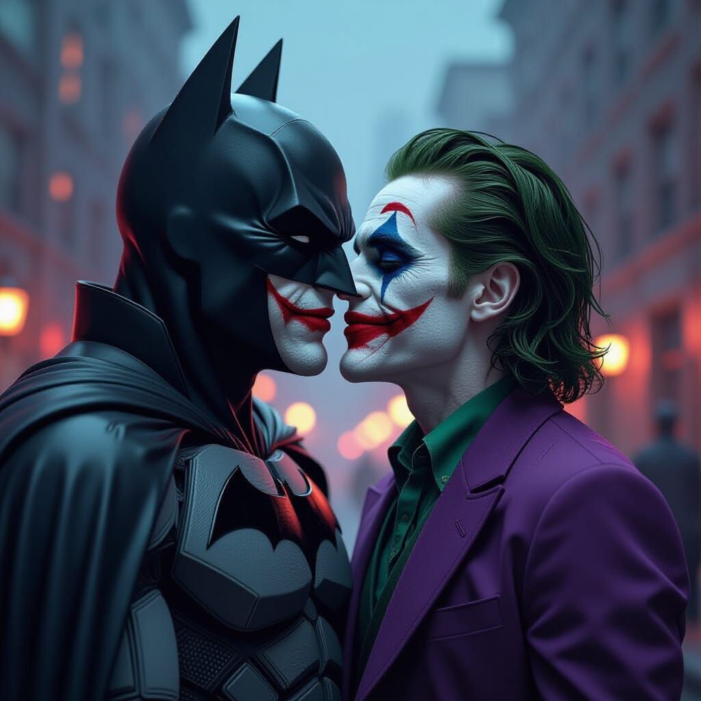 Batman and Joker Kiss in Dark Noir Gotham
