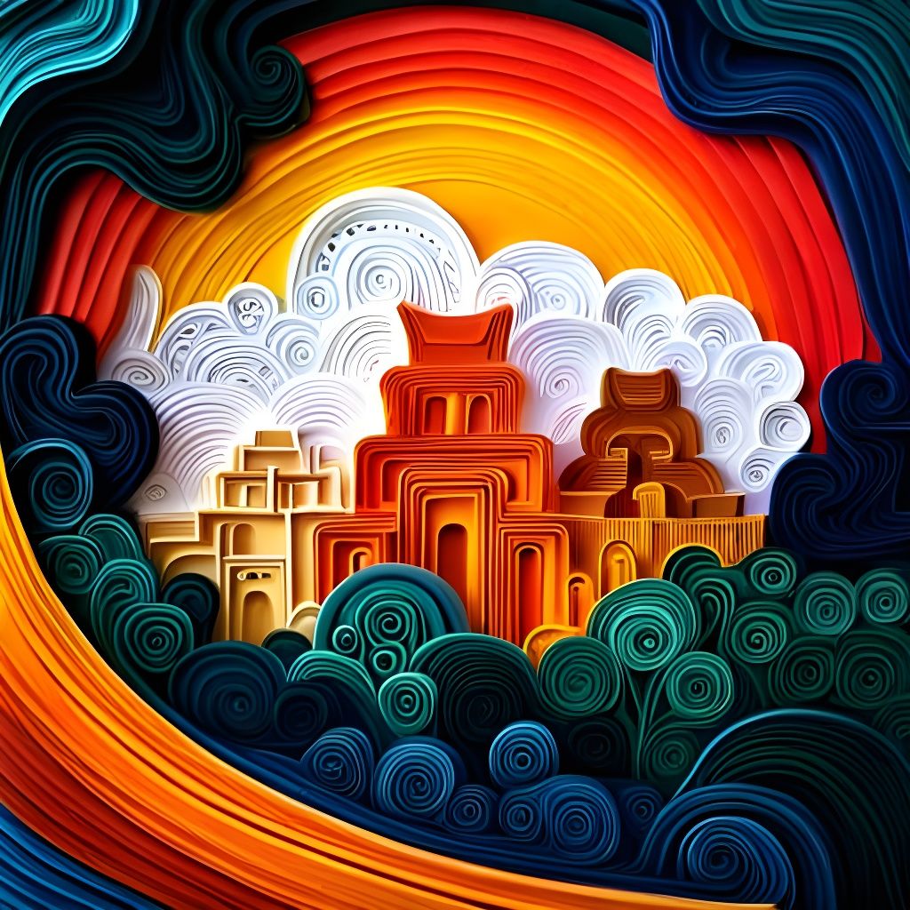 Inca Ruins Sunset in Paper Quilling Style