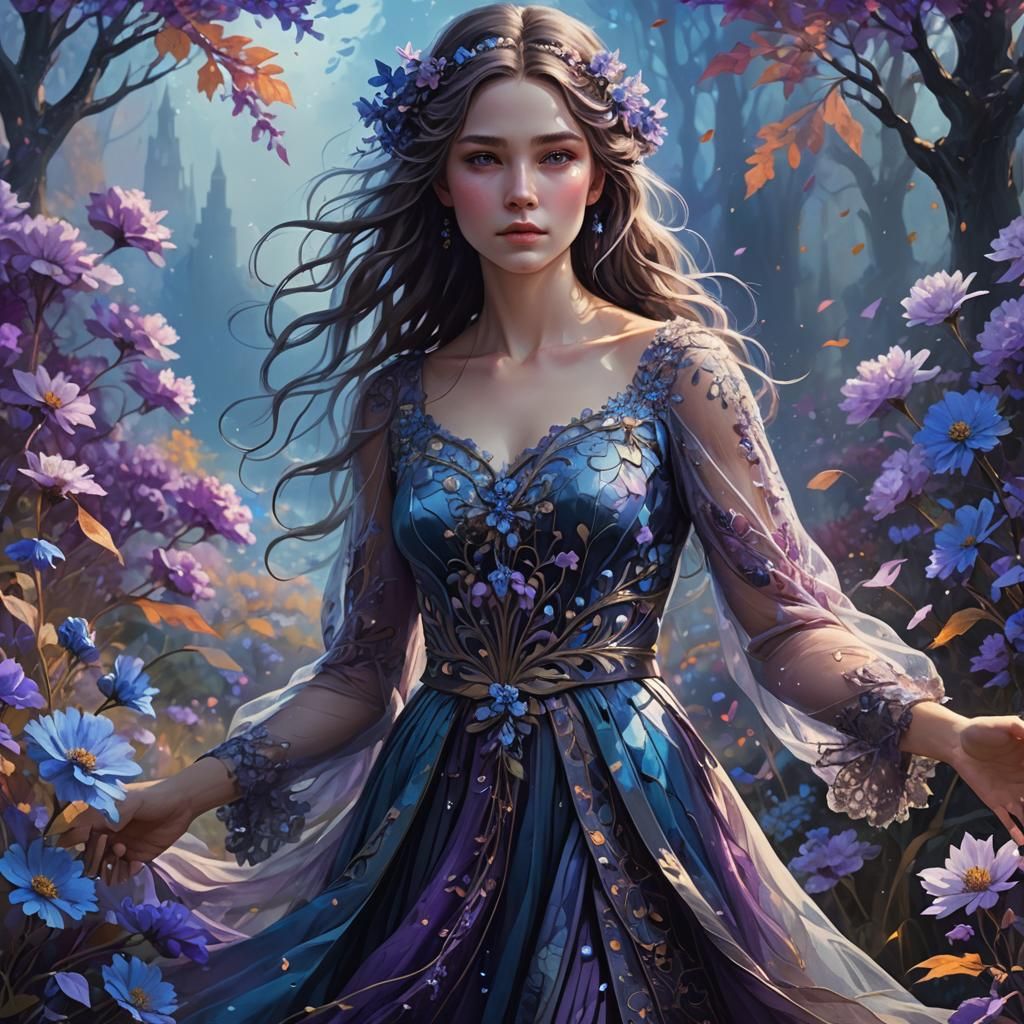 Ethereal Woman in Autumn Flowers, Dark Fantasy Art