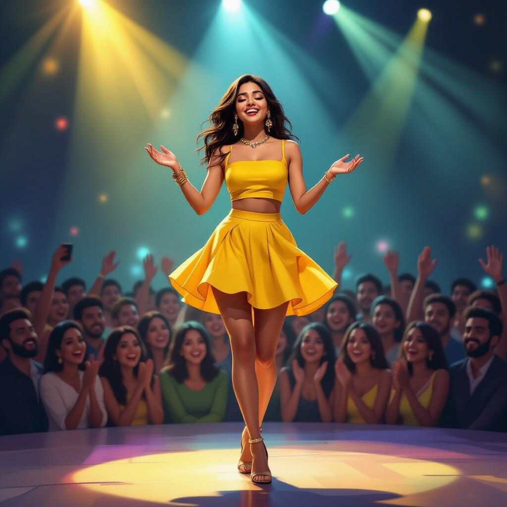 Indian Woman Sings on Stage in Yellow Outfit