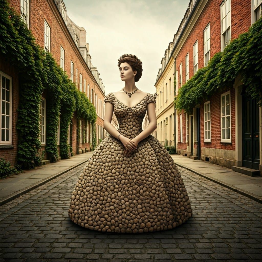 Cobblestone Gown in Historic Street, Romantic Surrealism