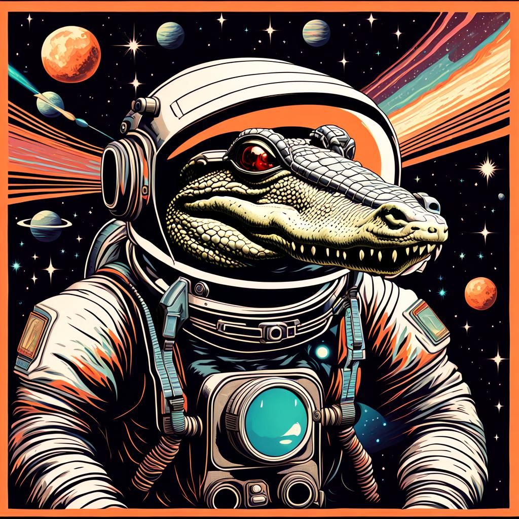 Astronaut Alligator in Space: Hyperrealistic Art Nouveau