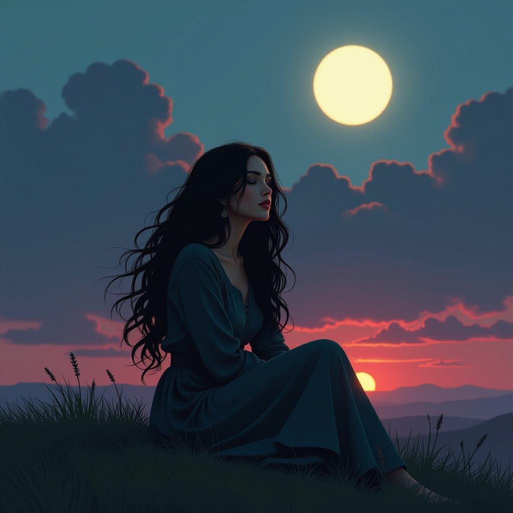 Mystical Woman on Hill: Light Meets Darkness in Ethereal Sty...