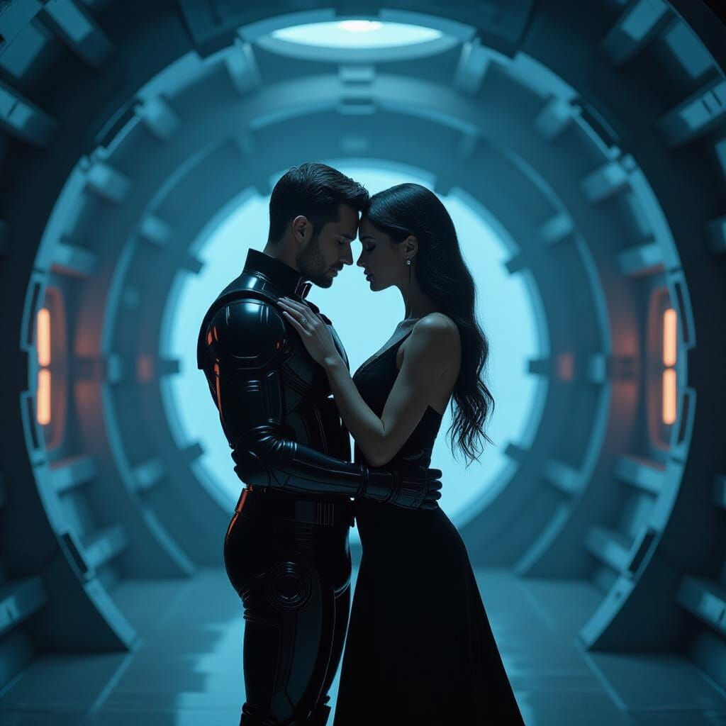 Biomechanical Figures Embrace in Gothic Spaceship Interior
