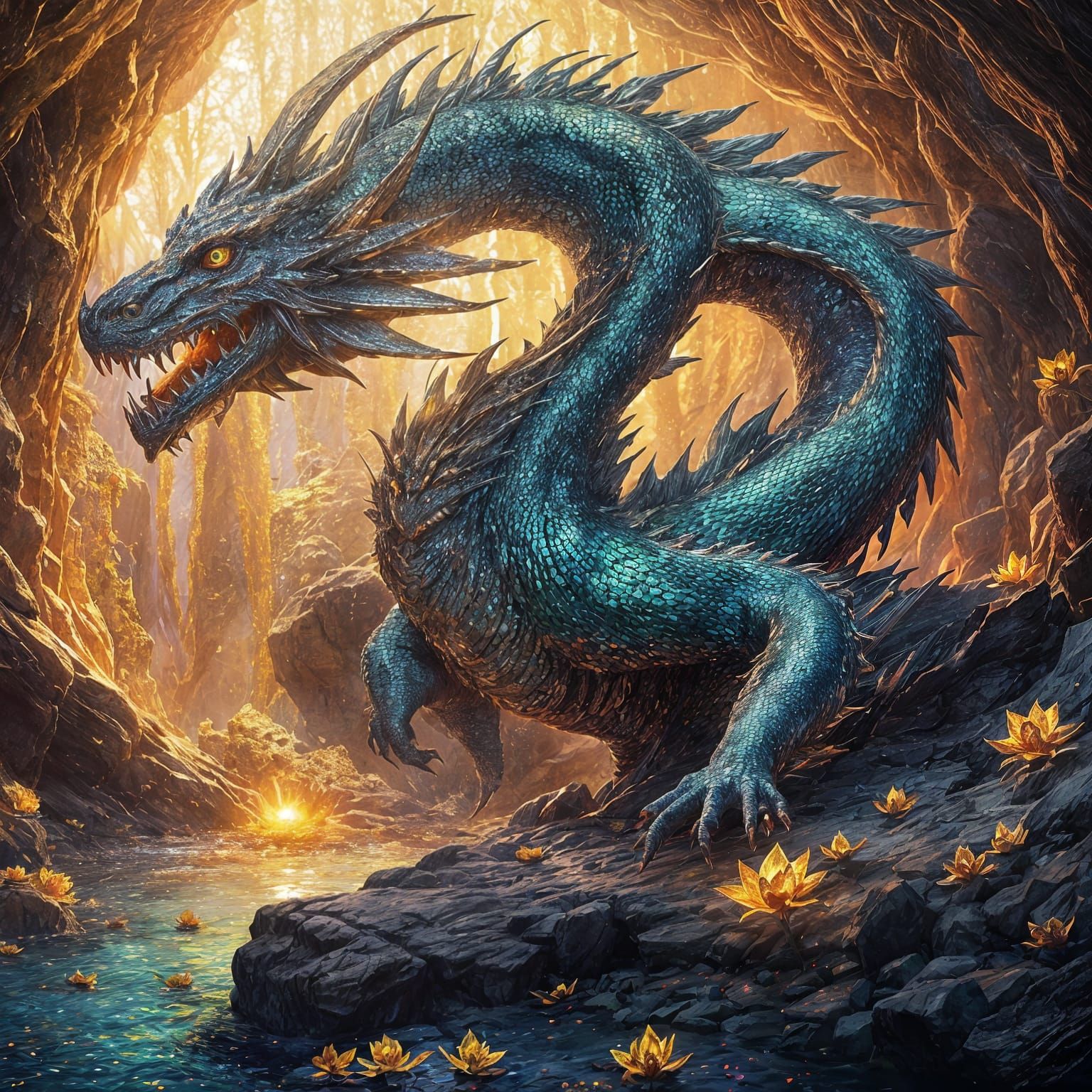 Majestic Dragon Guarding Treasure in Iridescent Mosaic Style