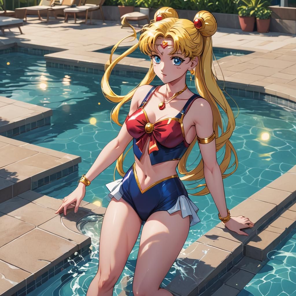 Sailor Moon in Swimsuit: Cel-Shaded Anime Style