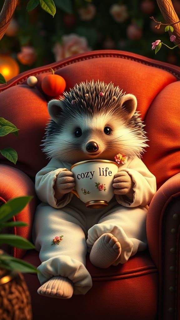 Whimsical Hedgehog in Cozy Pajamas Sips Tea in Serene Haven