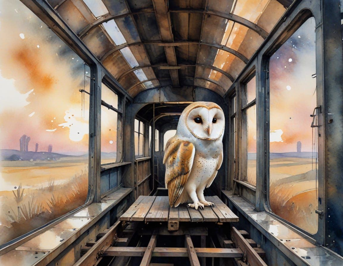 Barn Owl in Abandoned Train, Watercolor Painting