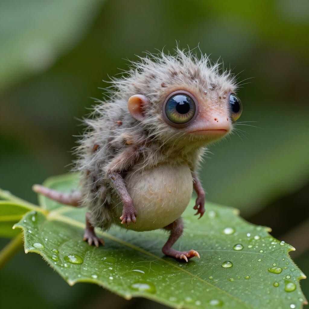 Tiny Woolly Creature with Big Eyes on Leaf