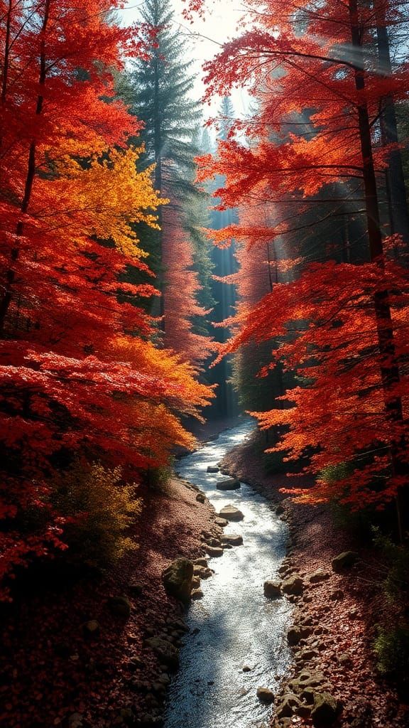 Autumn Forest with Colorful Leaves and Stream