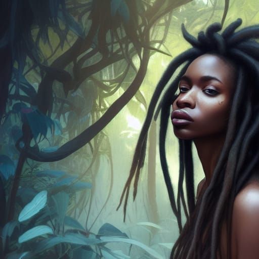 Attractive Woman with Dreadlocks in Misty Jungle