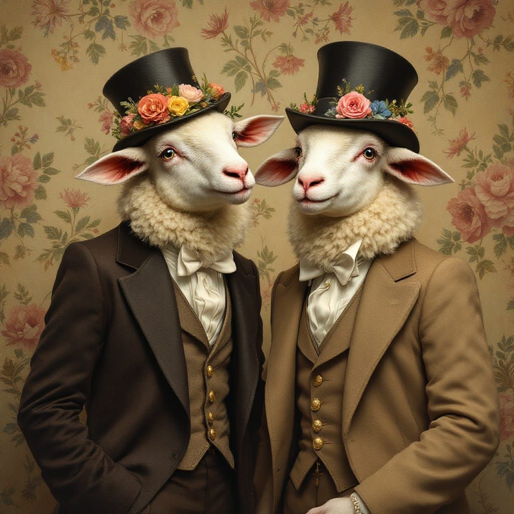 Victorian Sheep in Floral Top Hats