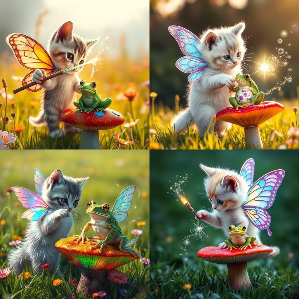 Magical Whimsical Kitten Casts Spell on Green Frog in Enchan...