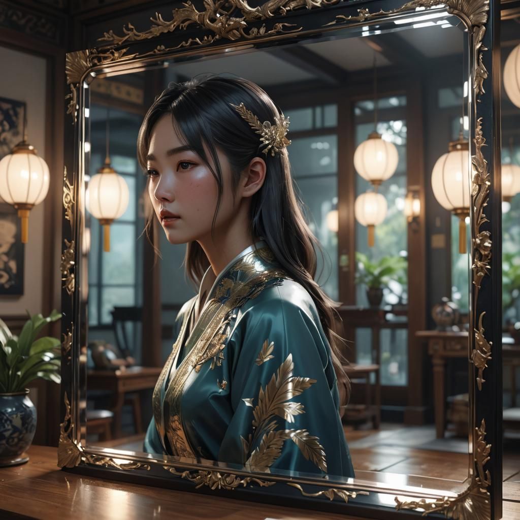 Anime Style Asian Girl Mirror Reflection