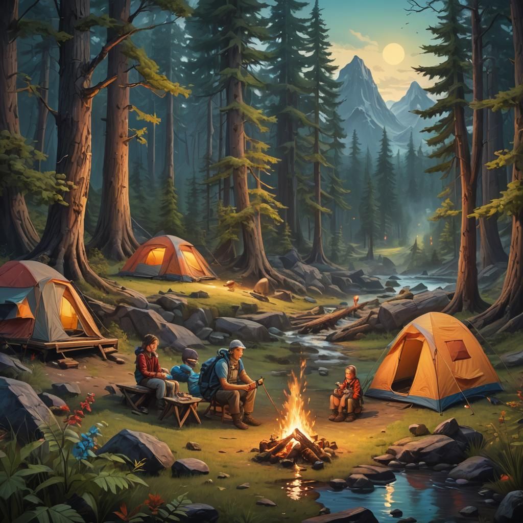 Family Camping: Detailed Matte Painting in Deep Color