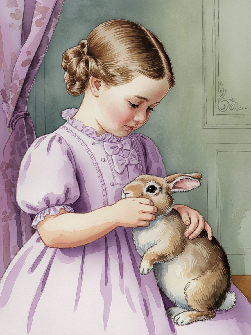 A Young Girl Tenderly Pets a Bunny in a Victorian Parlor