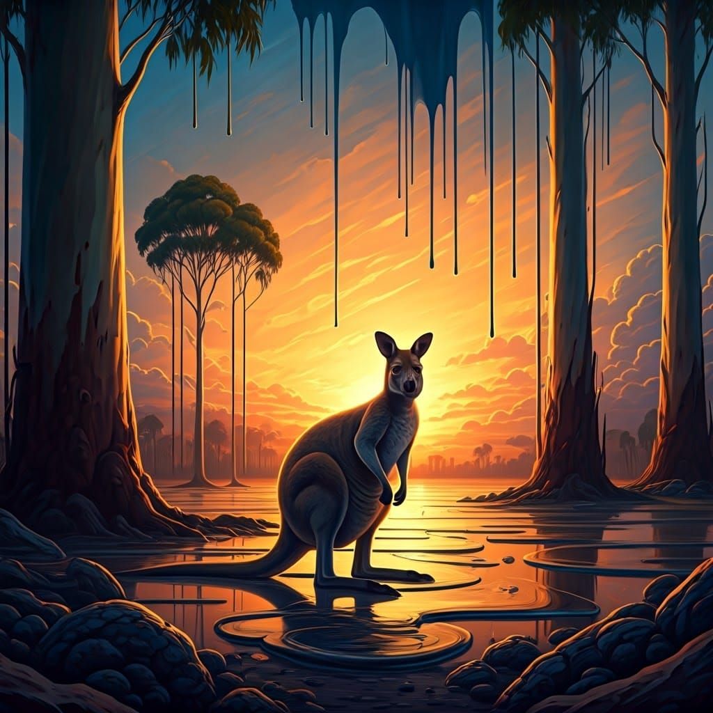 Wallaby in Surrealist Australian Sunrise