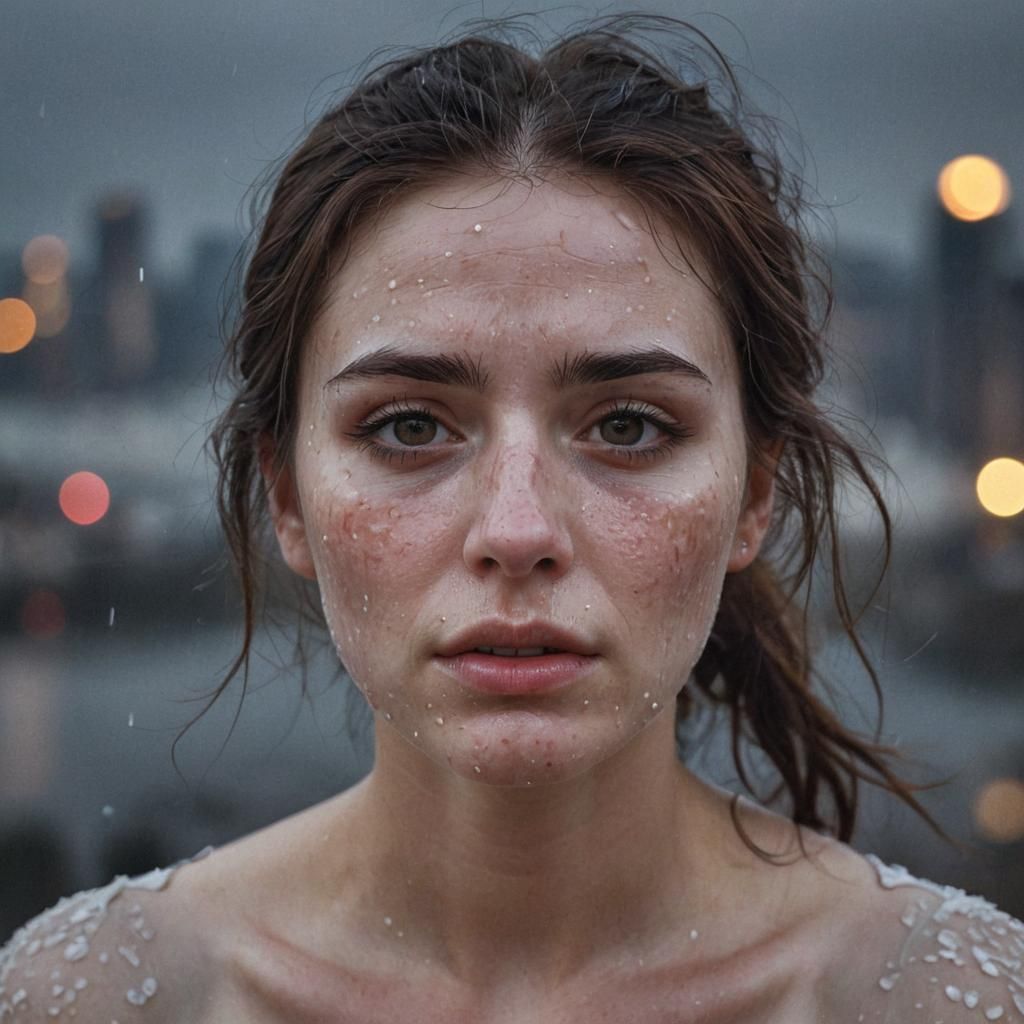 Emotional Portrait of a Woman Crying in Cityscape