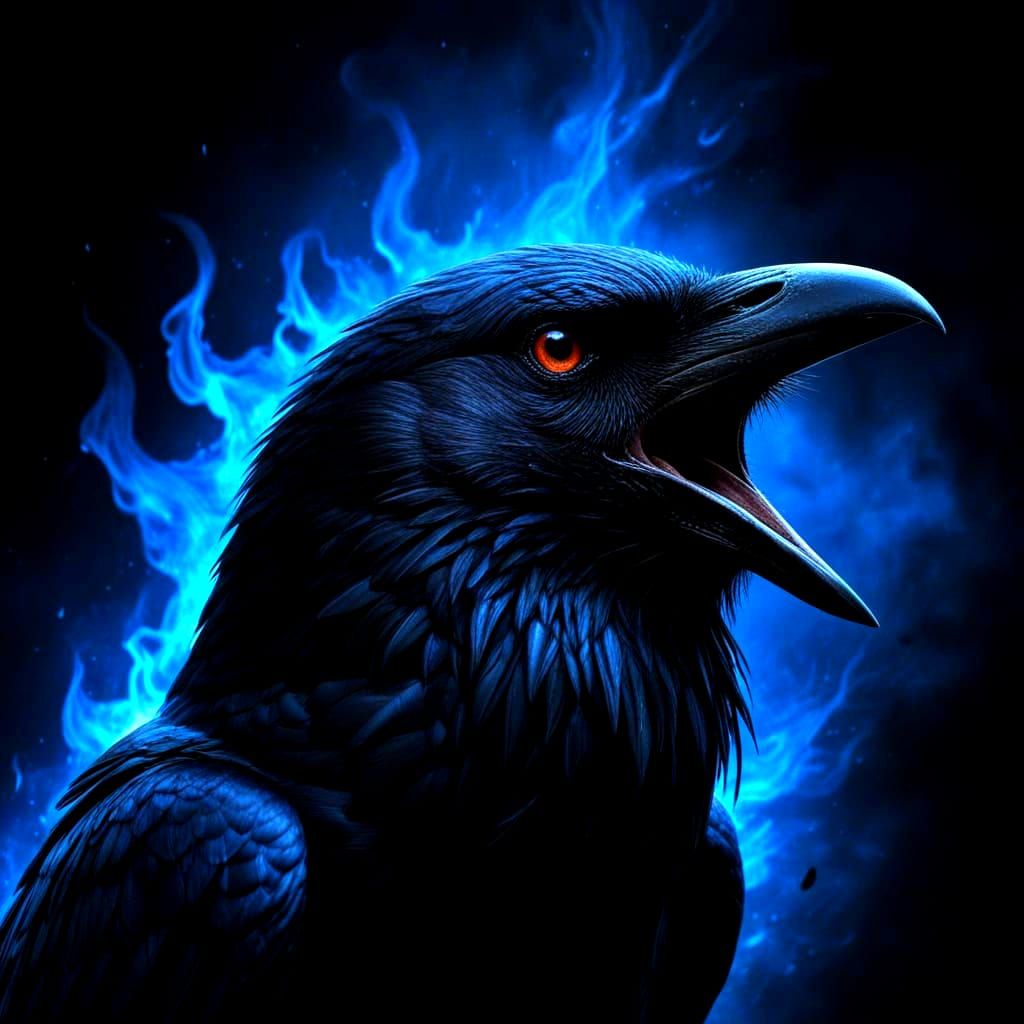 Crow Spirit Amidst Cobalt Blue Flames in Goth-Punk Style