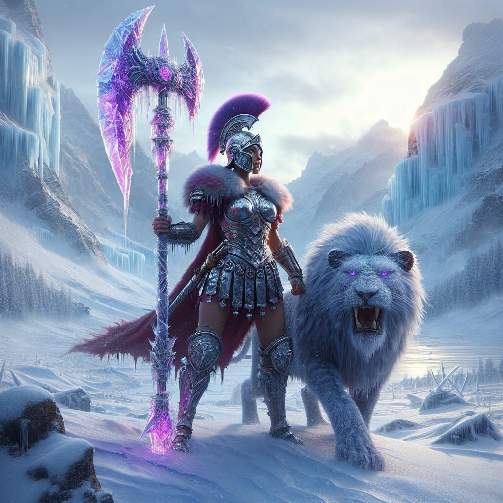 Realistic Roman Warrior in Snowy Wilderness with Glowing Ice...