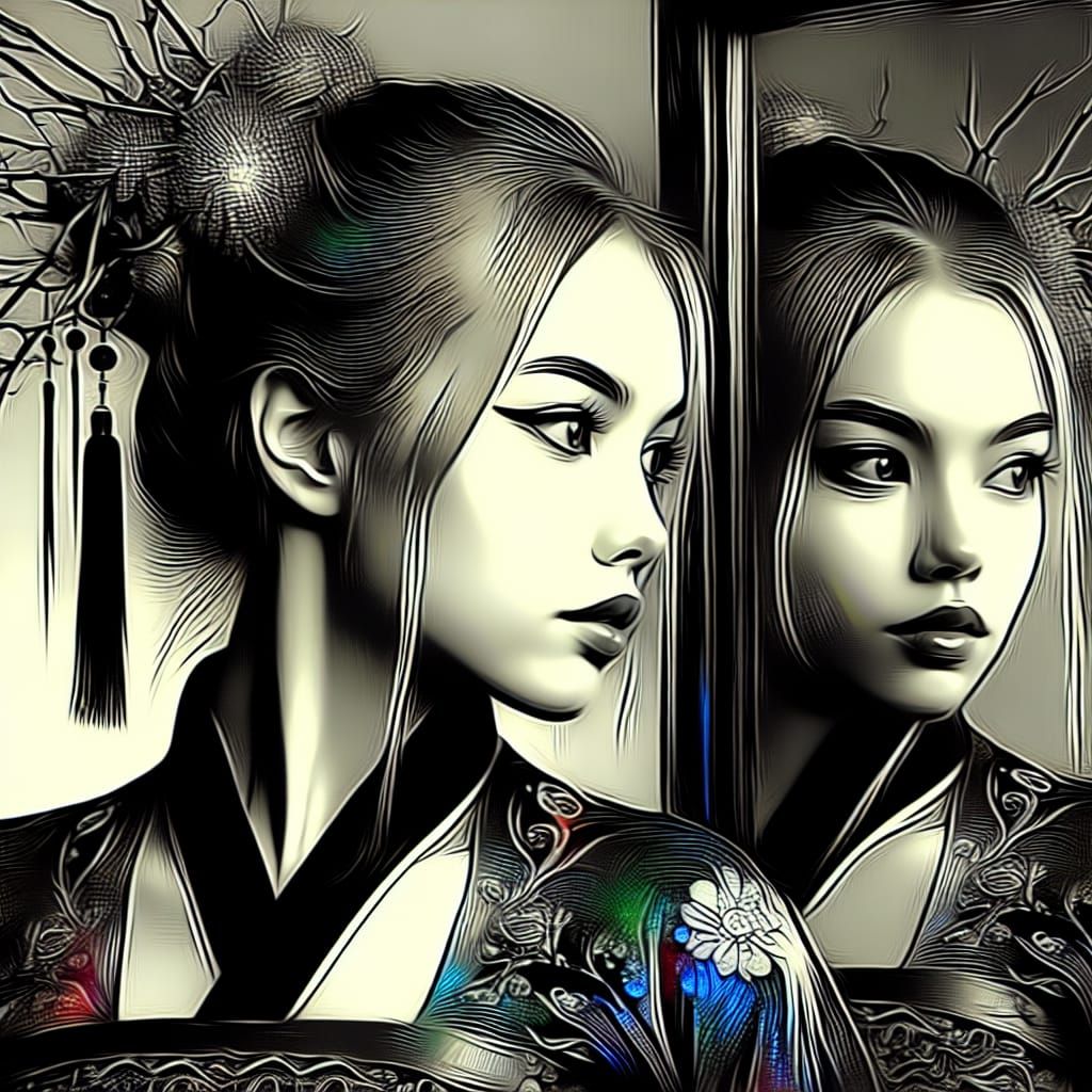 Young Woman in Chinese Ink Painting Style