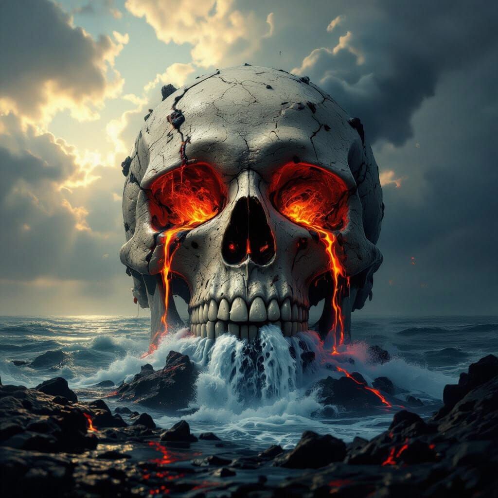 Active Stone Skull Volcano in Hyperrealistic Oil Painting