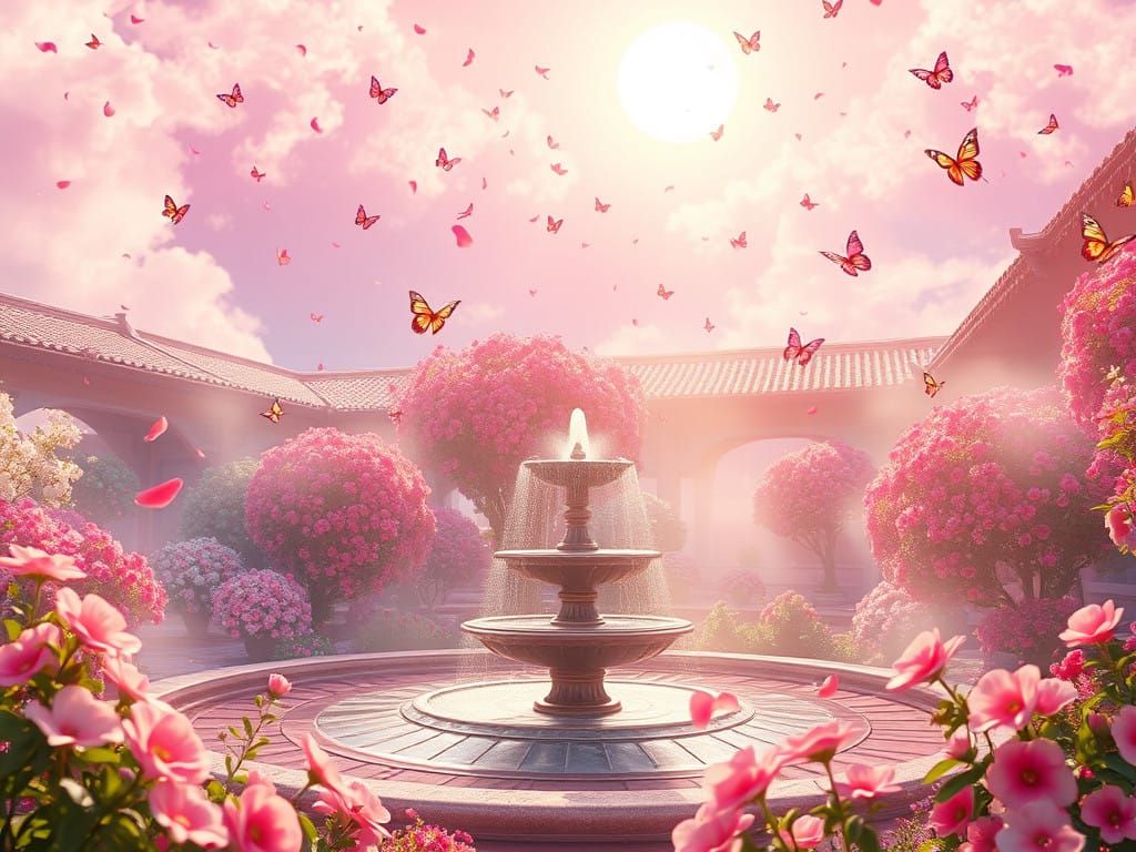 Whimsical Oriental Fantasy Garden in Soft Pink Light