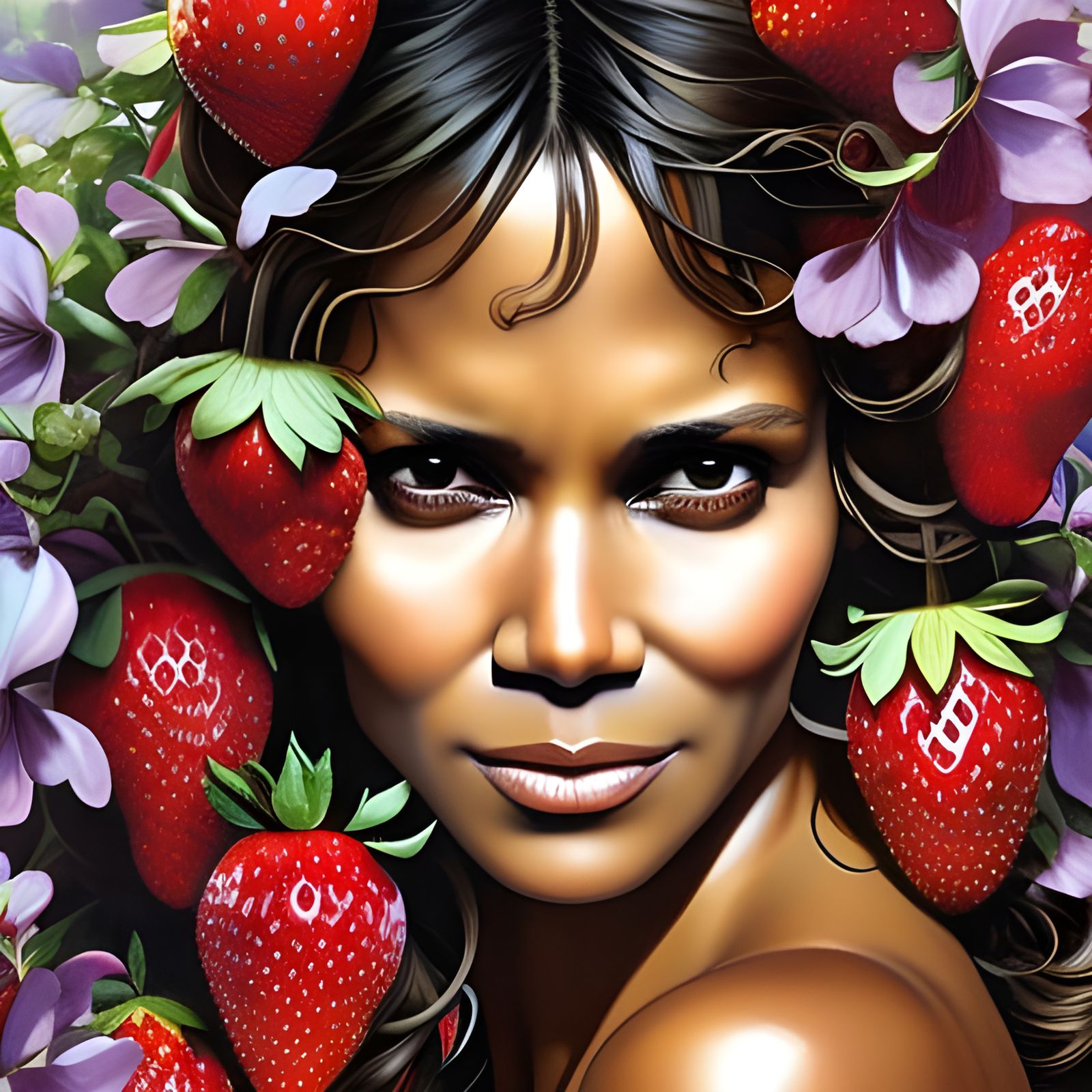 Halle Berry Surrounded by Strawberries, Rococo Style