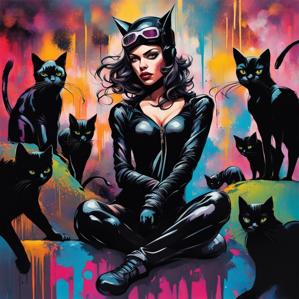 Catwoman in Graffiti Art with Black Cats