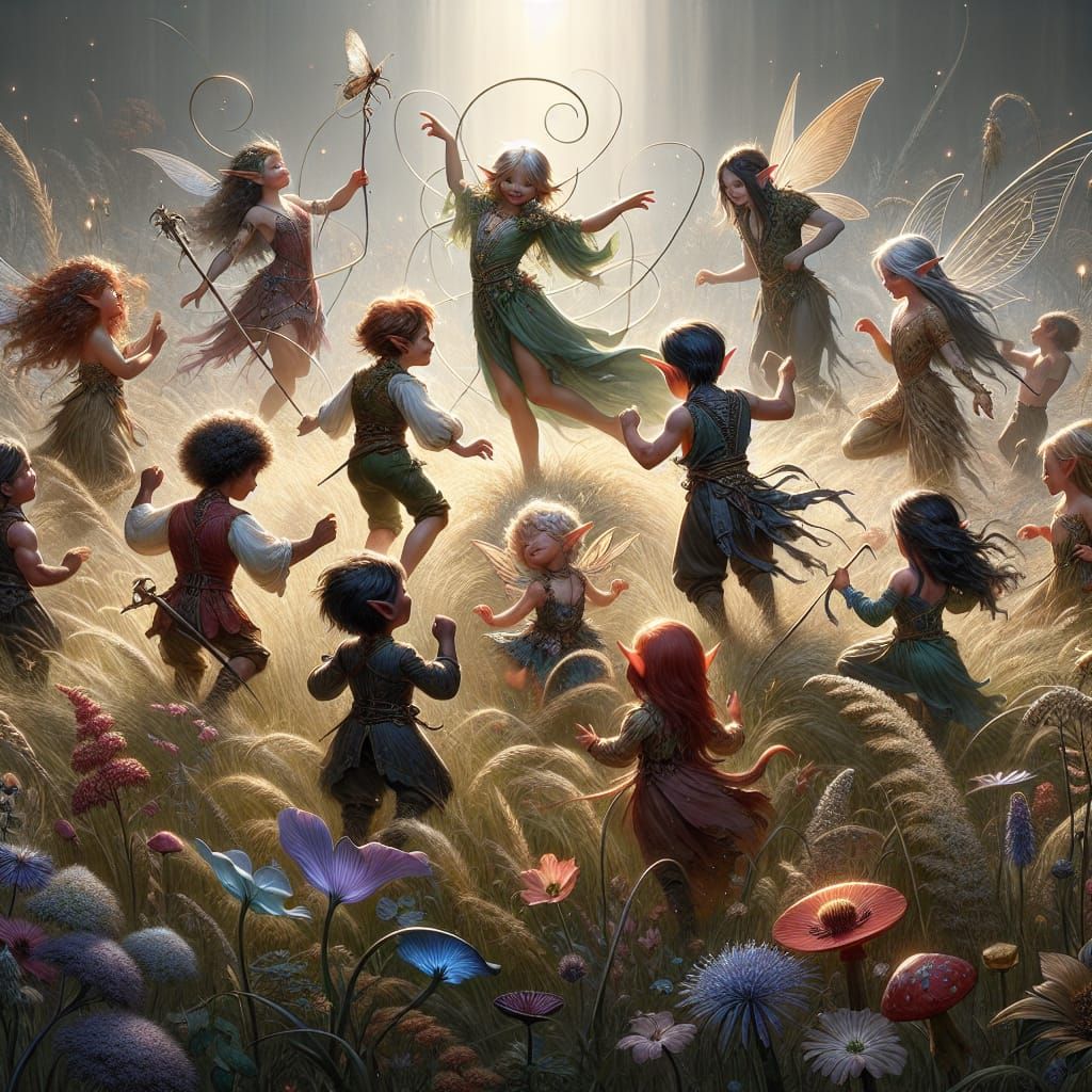 Tiny PIxie folk dancing and playing amongst the long grass a...