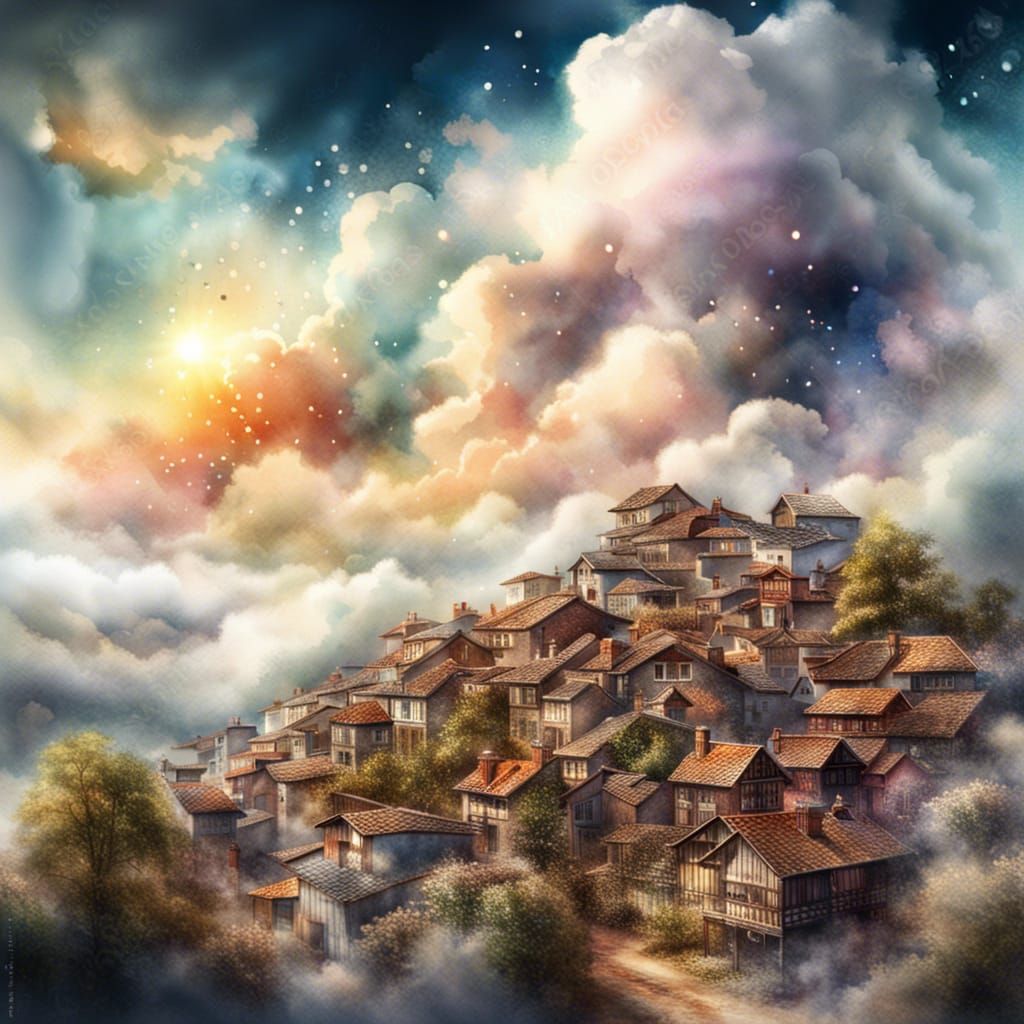 Glittering Watercolor Village in Sky Clouds