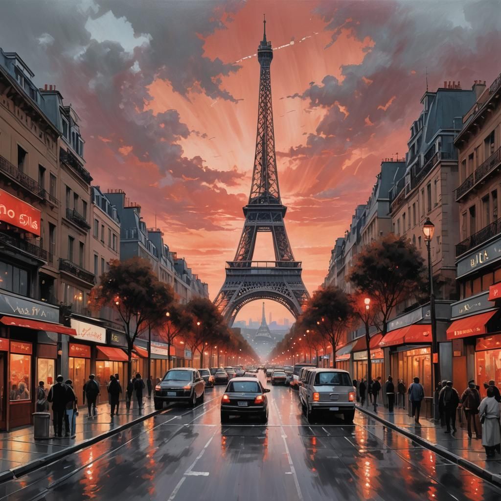 Metallic Eiffel Tower Street Scene in Matte Painting Style