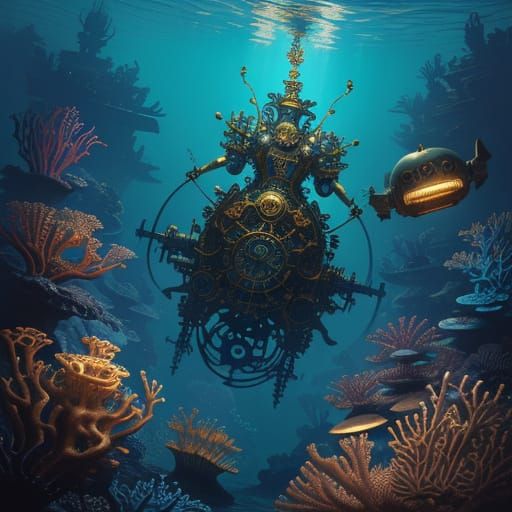 Steampunk Merfolk in Bioluminescent Underwater City