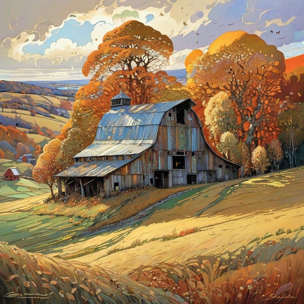 Barn on a Hill Autumn Landscape in Vibrant Impressionist Sty...