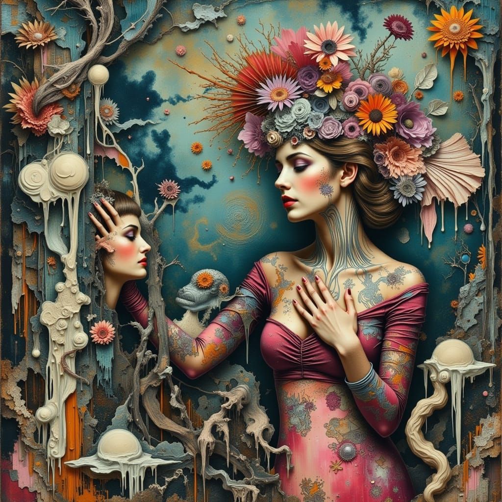 Surreal Figures in Dreamlike Cityscape