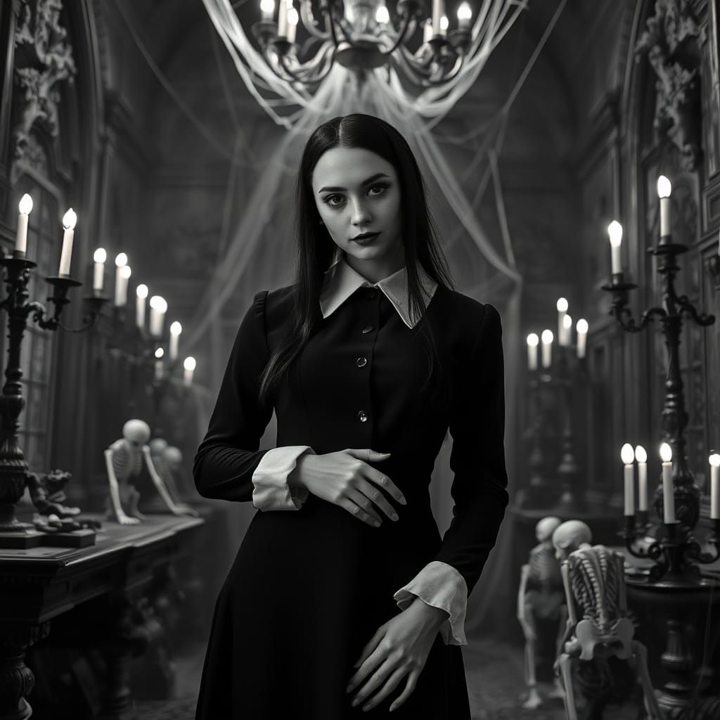 Wednesday Addams in Gothic Drip Ink Halloween Scene