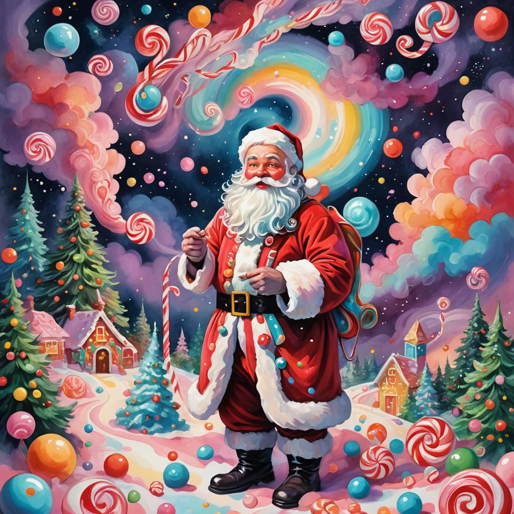Santa in Candyland: Vibrant Gouache Nebula Illustration
