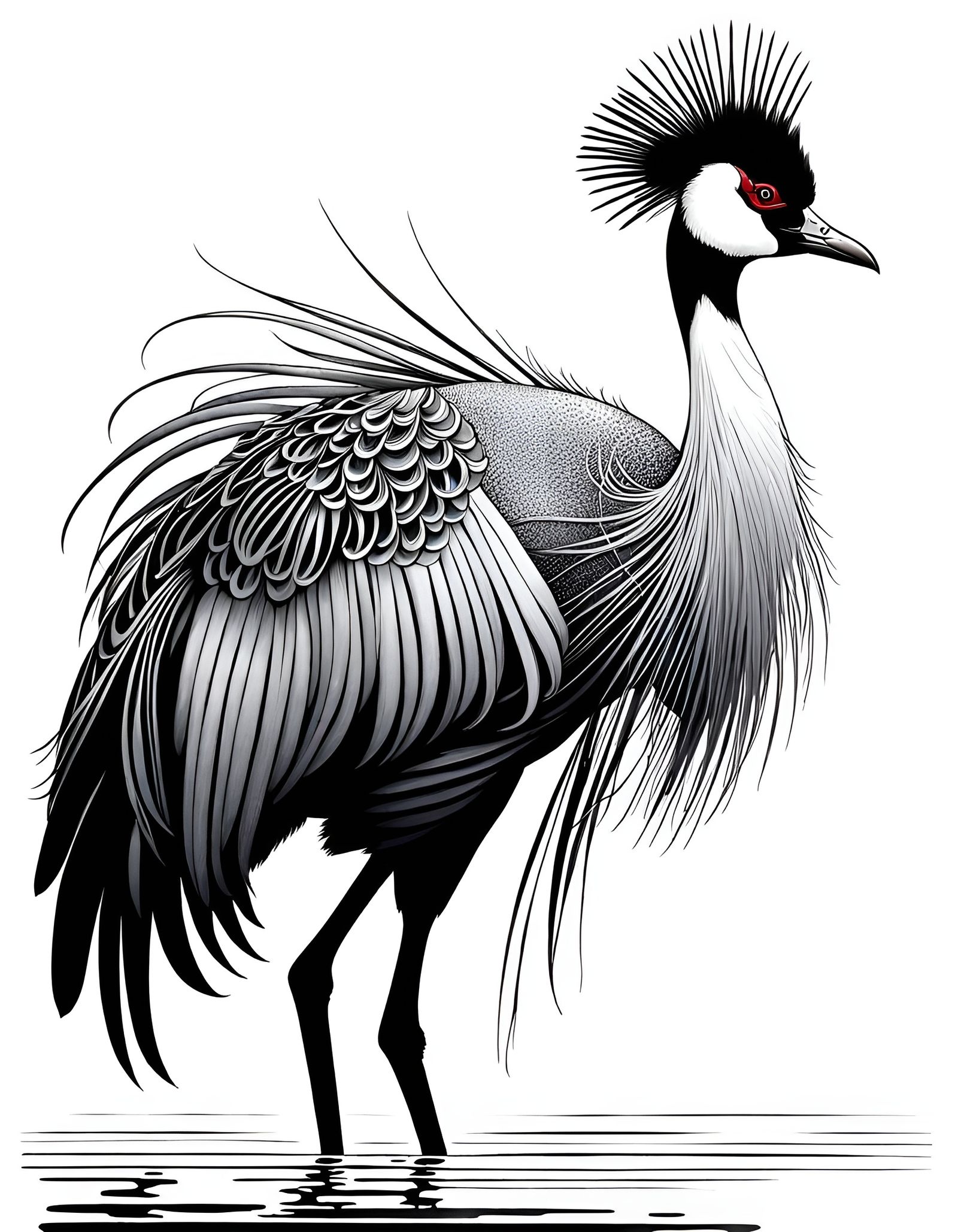 Beautiful Intricate Grey Crowned Crane, Black and White Line Art