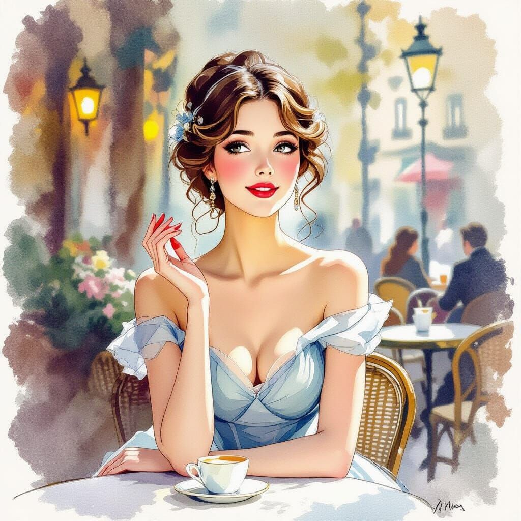 Elegant Woman Saying Bonjour in Art Nouveau Style