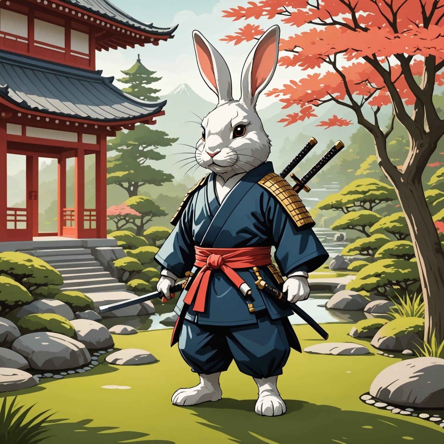 Samurai Rabbit in Serene Japanese Garden