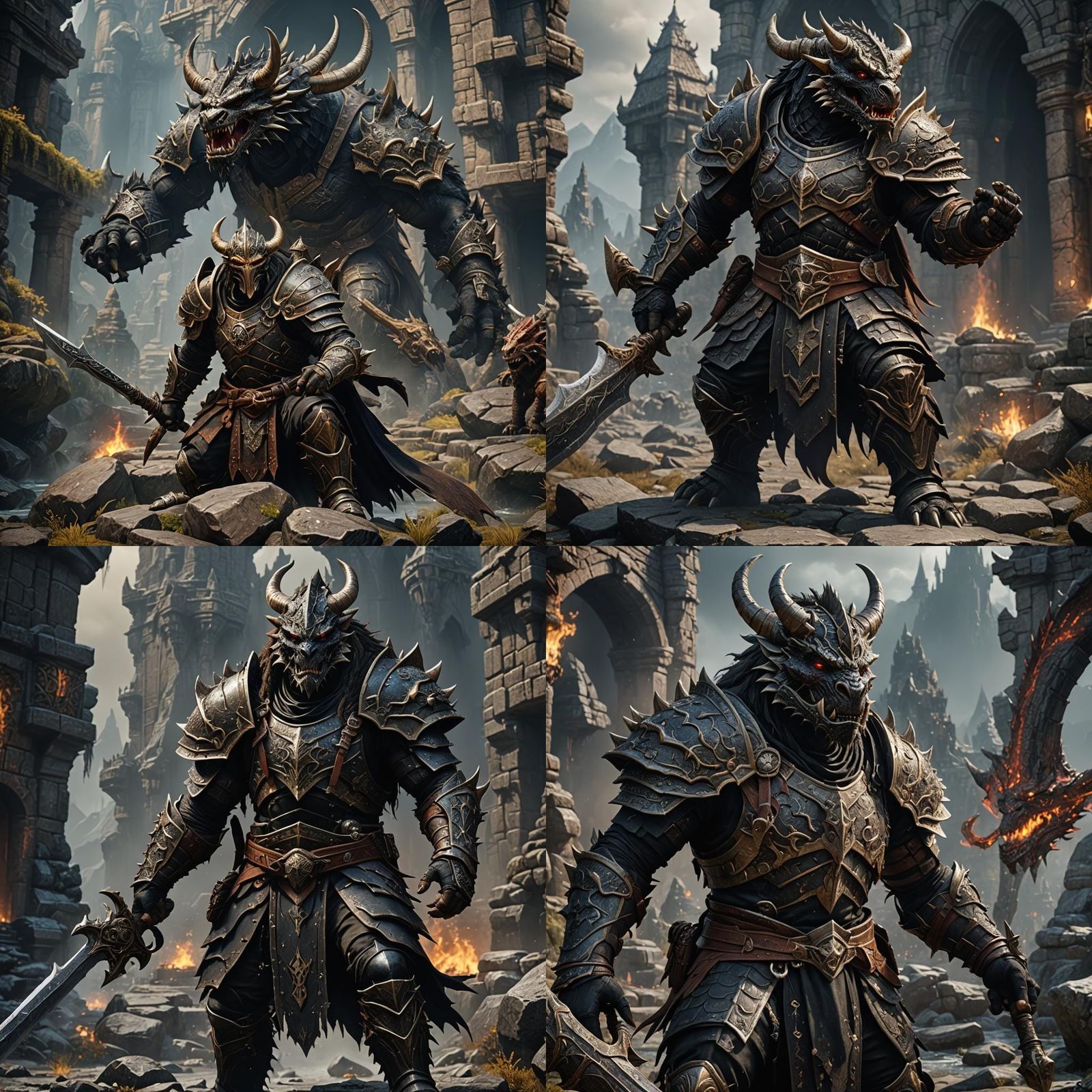 Detailed Black-Scaled Dragonborn Barbarian Concept Art
