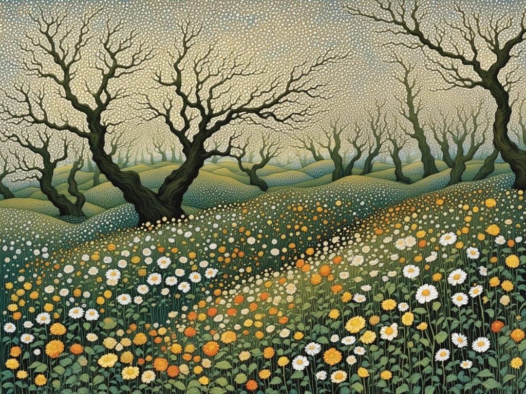 Whimsical Golden World of Delicate Apple Blossoms