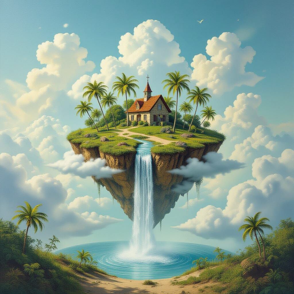 Surreal Floating Island Waterfall Inspired by Salvador Dali