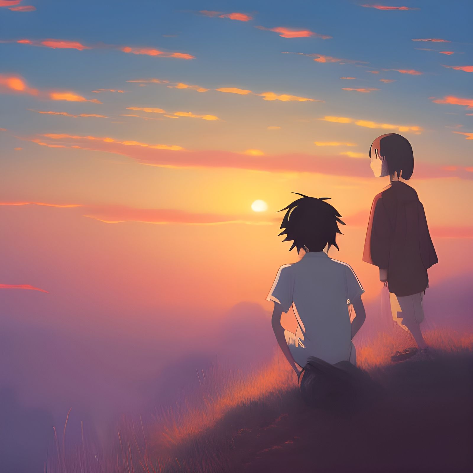 Siblings watching a beautiful sunrise