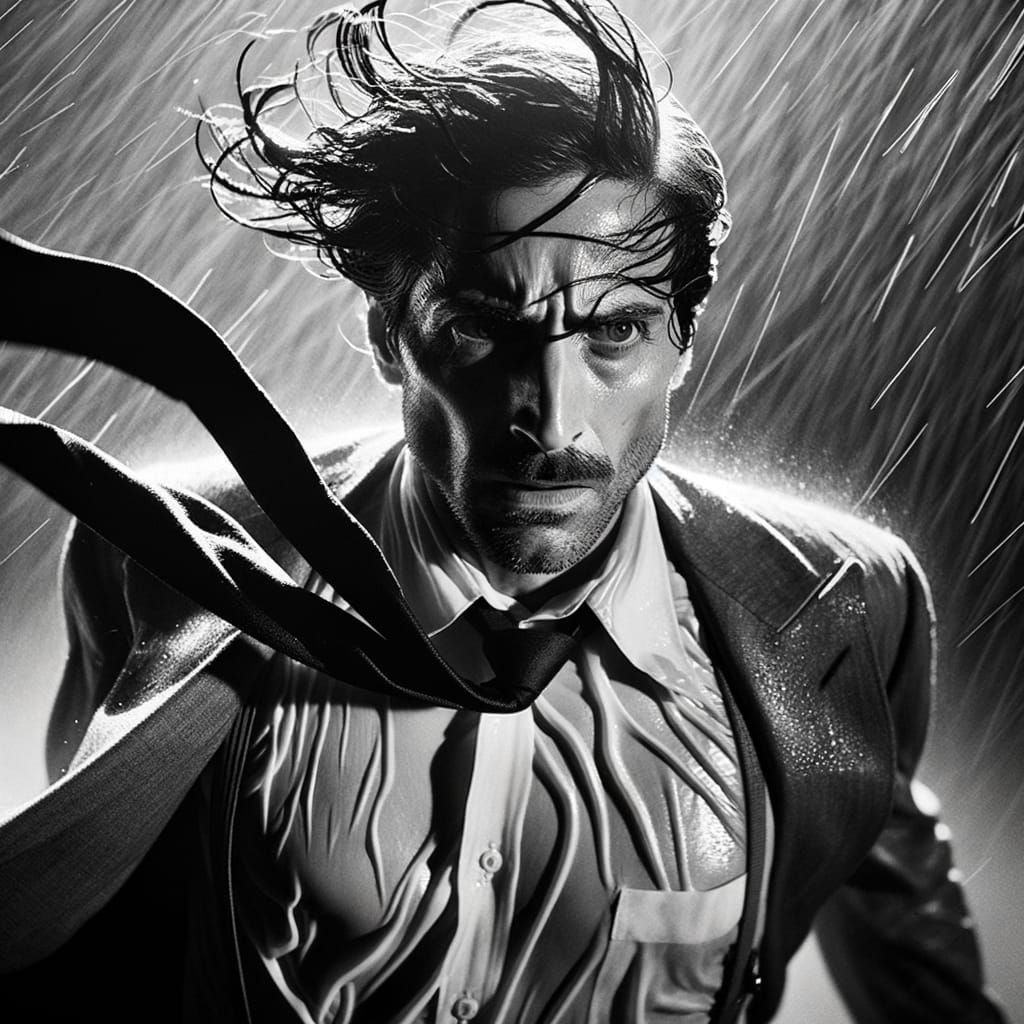 Determined Man in Rainstorm: Cinematic Drama