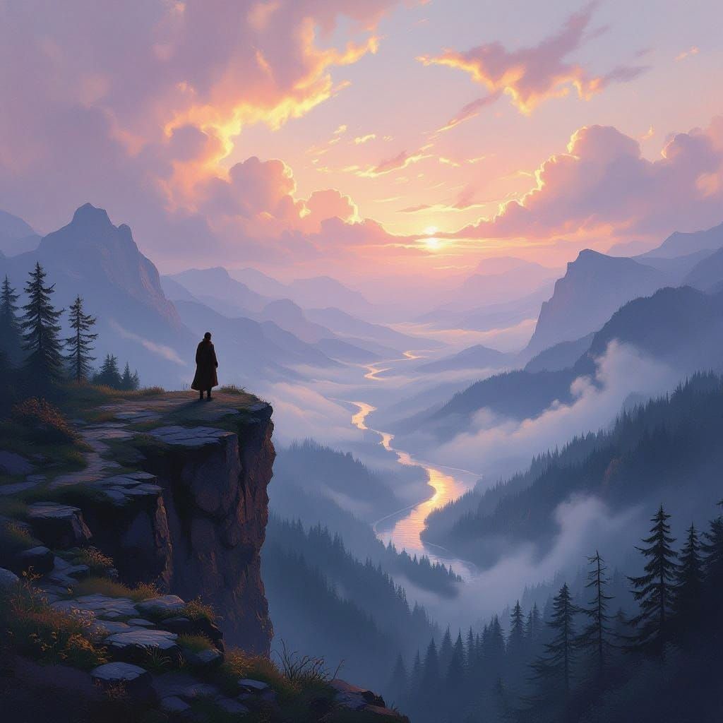 Lone Wanderer Overlooking Misty Mountains at Dawn