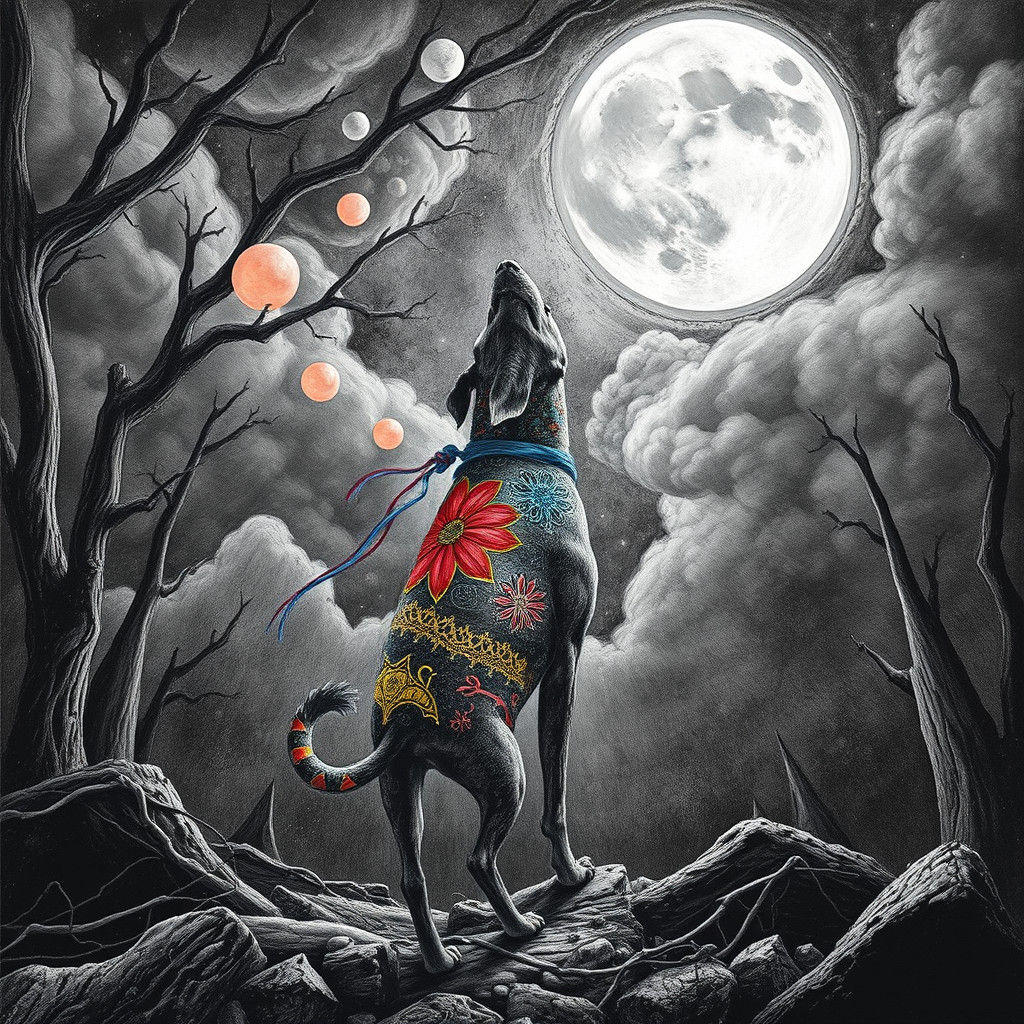 Underdog Barking at the Moon: Surreal Charcoal Drawing