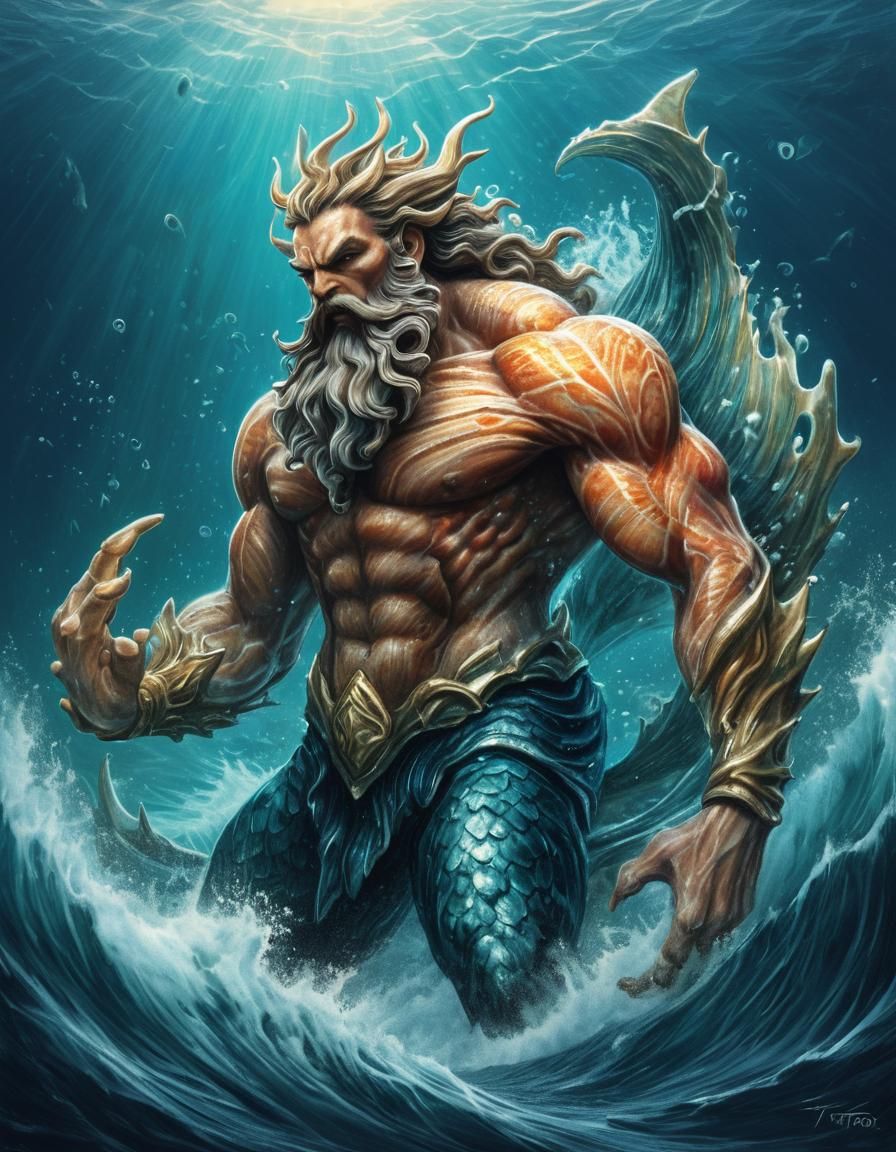 Triton Summons Sea Creatures: Colored Pencil Illustration